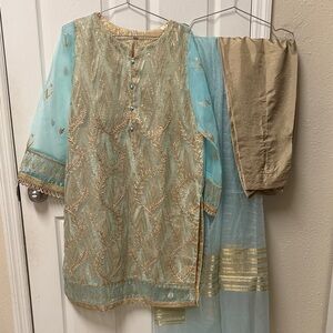 NWT Pakistani Indian Elegant Gold and Blue Embroidered Outfit party dress
